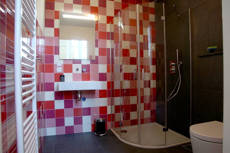 Ein stilvolles Badezimmer mit Keramikwaschbecken und gläserner Dusche (Rückseite des Hauses).