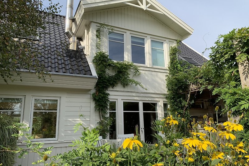 Haus mit gelber Fassade, blauen Fenstern und grünem Garten.