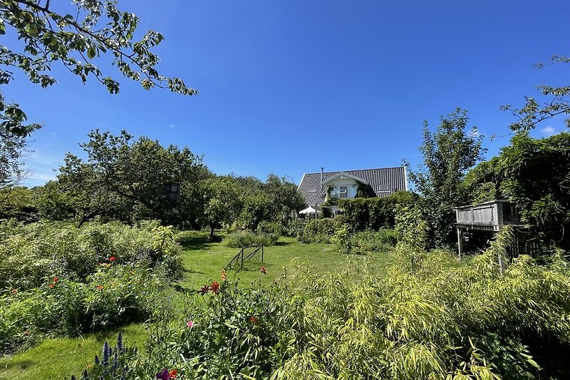 Grüner Garten mit Bäumen, Sträuchern und Hügeln im Hintergrund.