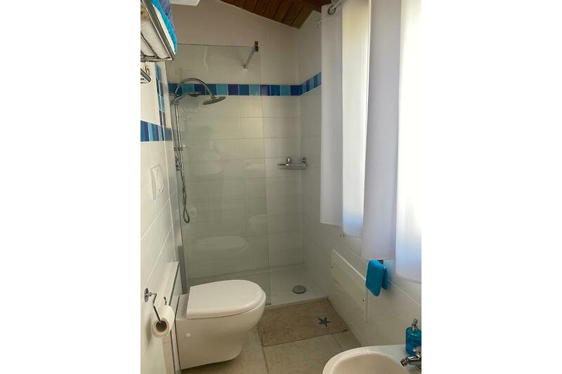 Un bagno elegante con piastrelle color mare, lavandino e doccia.