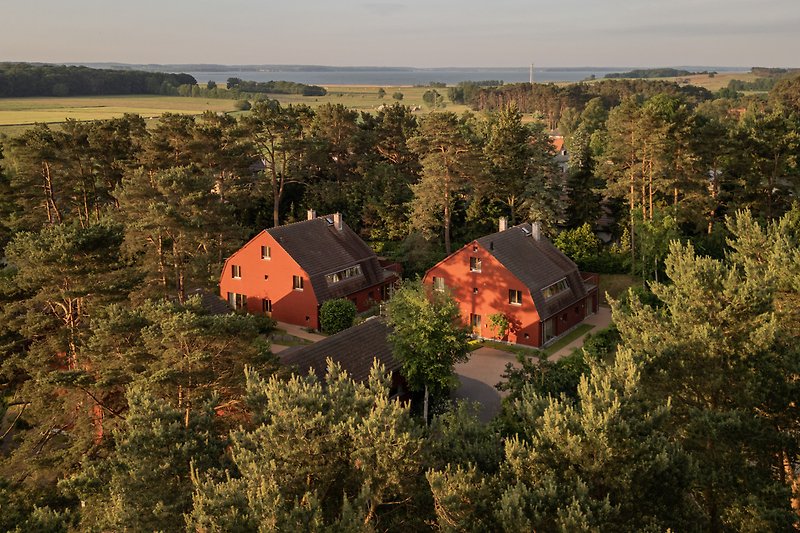 Abendlicher Blick auf Hügel, Wald und Dorf im Sonnenuntergang.