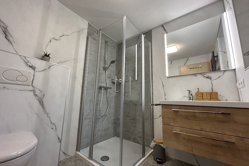 WG 2 Ein modernes Badezimmer mit Dusche, Spiegel und Waschbecken.