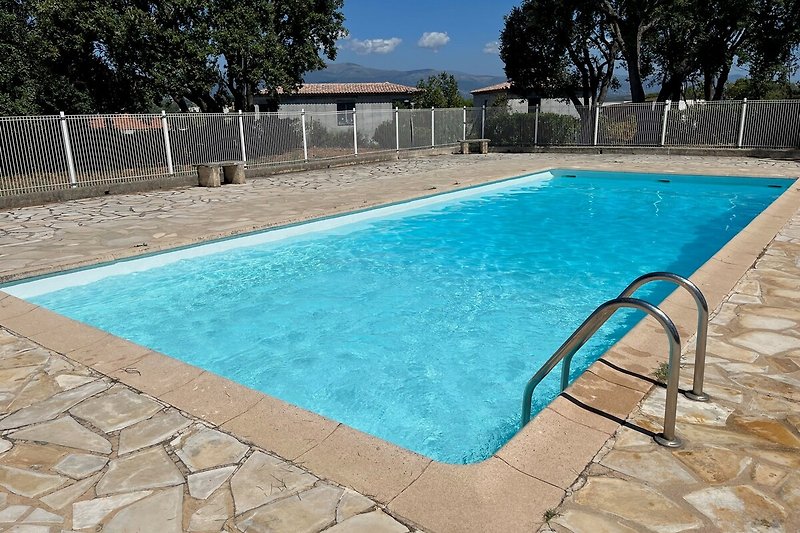 Genießen Sie den Anblick des azurblauen Pools, umgeben von grüner Landschaft und schattigen Bäumen. Erleben Sie Entspannung pur!