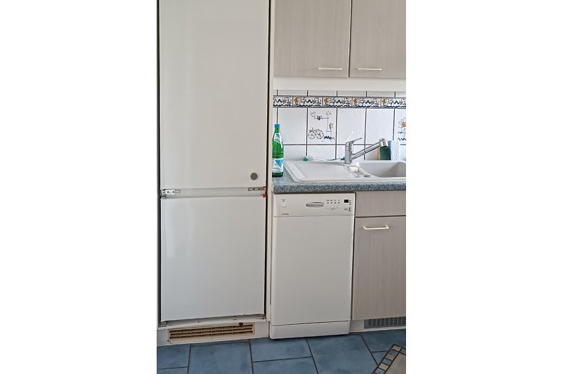 Küche: Geräumige Kühl-Gefrier-Kombi und kleine Spülmaschine