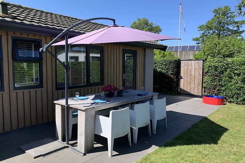 dining table with hanging parasol