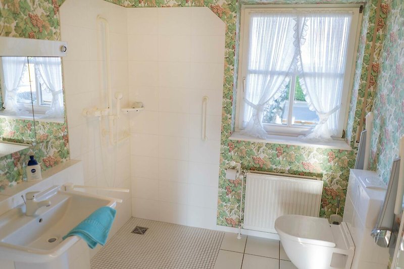 Badezimmer mit ebenerdiger Dusche in dem Ferienhaus mit Hund auf Fehmarn