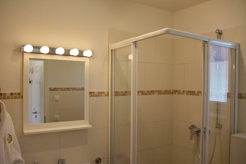 Spiegel und oberer Teil der Dusche im Badezimmer im Erdgeschoss der Inselblume 28