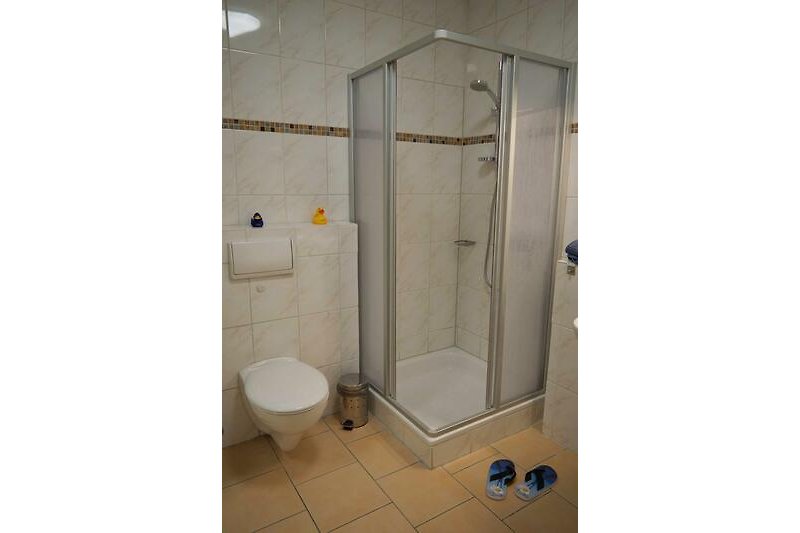 Dusche mit WC im Badezimmer der Ferienwohnung für 4 Personen