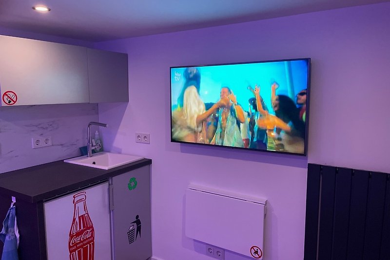 Küche mit Kühlschrank und TV