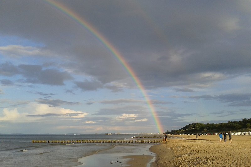 Ein atemberaubender Strand mit einem Regenbogen über dem Meer.
