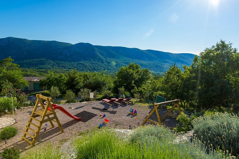 Kids Park in private Mediterranean garden with beautiful panoramic view in complete privacy surrounded by nature