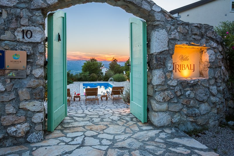 Villa Tribalj property entrance on the sundeck terrace with heated pool and amazing panoramic view