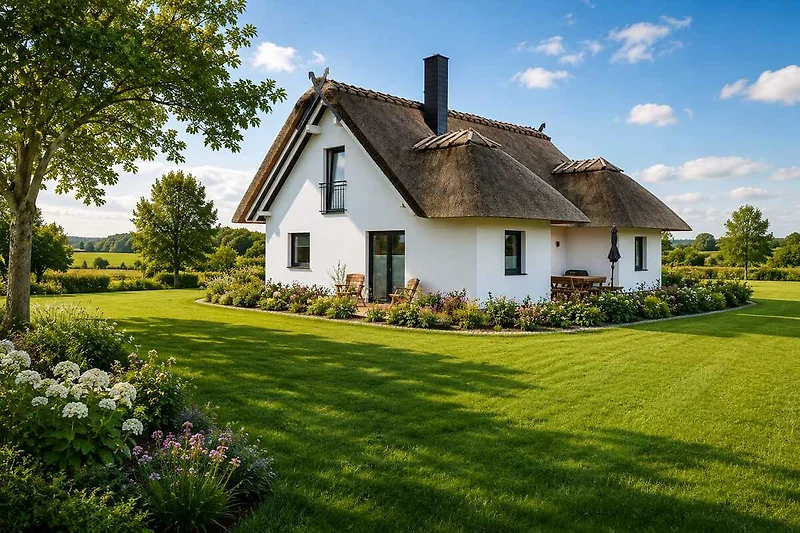 Reetgedecktes Landhaus mit großem Garten und blühenden Sträuchern.