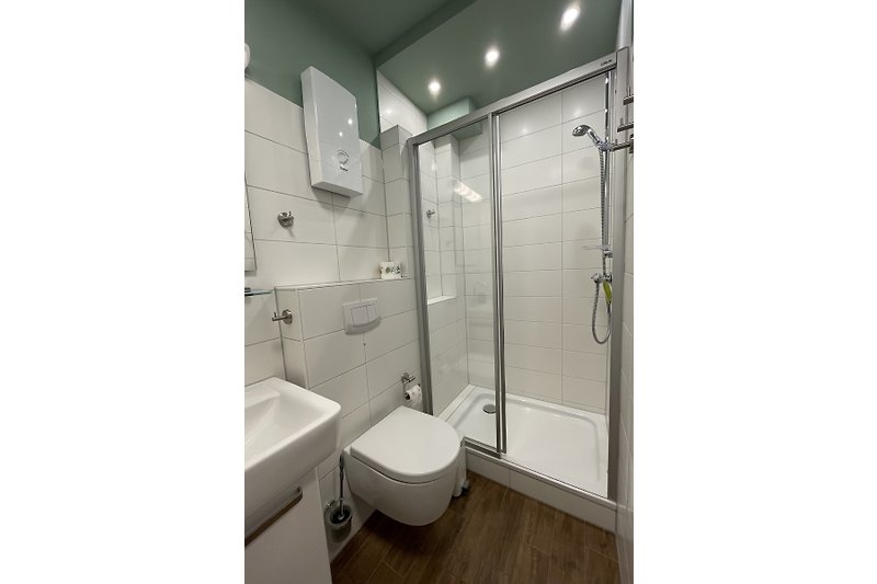 Modernes Badezimmer mit Glasdusche, Toilette und Holzdetails.