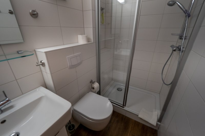 Gemütliches Badezimmer mit lila Armaturen und moderner Dusche.