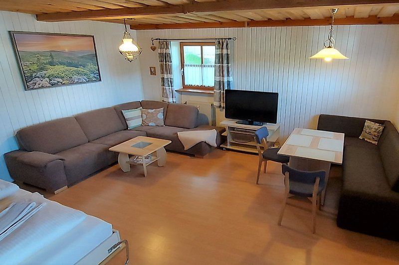 42 Zoll TV, gepolsterte gemütliche Essecke, komfortables hochwertiges Doppelbett (180x200)