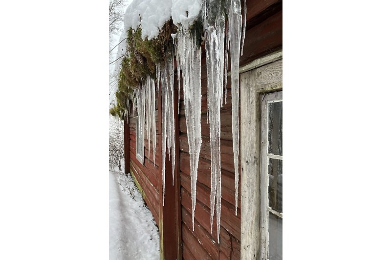Gemütliches Holzhaus mit Winterlandschaft und verschneiten Bäumen.