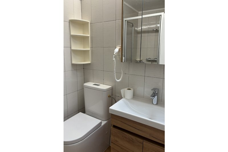 Badezimmer mit Spiegel, Waschbecken, Toilette und Regal.