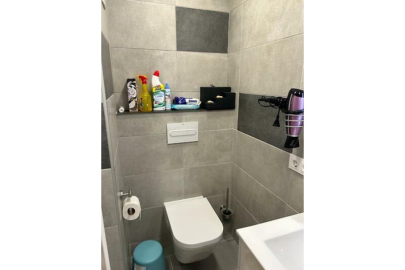 Moderne Badezimmerausstattung mit lila Toilettenbrille und Keramikwaschbecken.