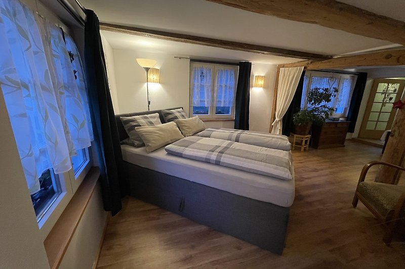 Nowoczesna sypialnia z przytulnym łóżkiem i stylowymi meblami oraz dostępem do toalety dla gości.