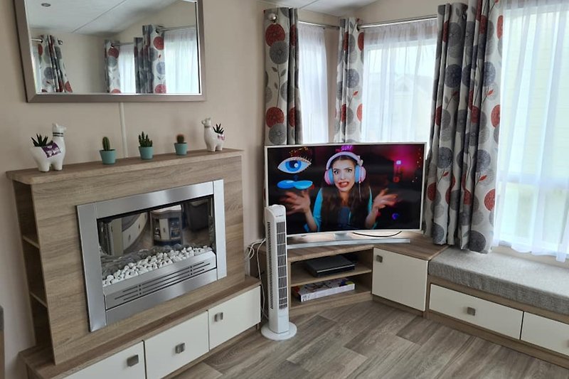 Smart-TV, WLAN, Ventilator und elektrischer Kamin im Wohnzimmer