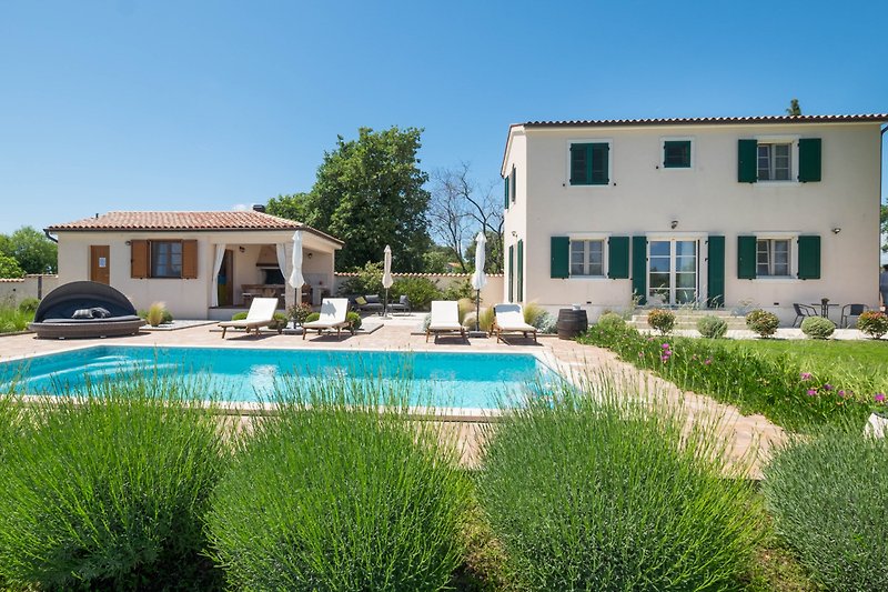 Luxuriöser Garten mit Pool, modernen Gebäuden und üppiger Landschaft.