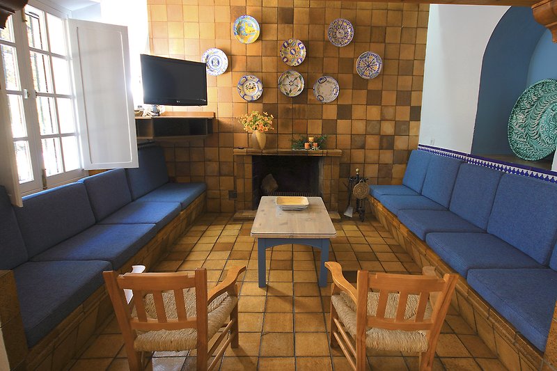 Salón muy familiar con chimenea y televisor decorado con bellos platos granadinos.