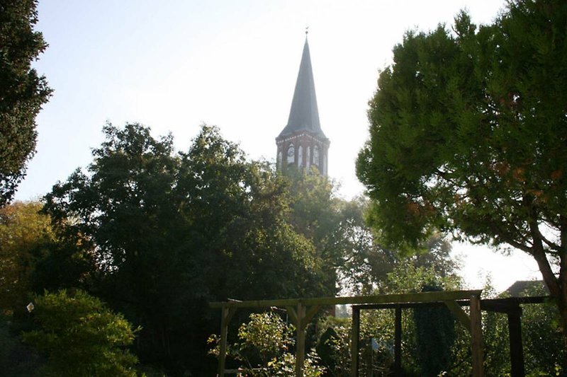 Blick vom Garten auf die Kirche