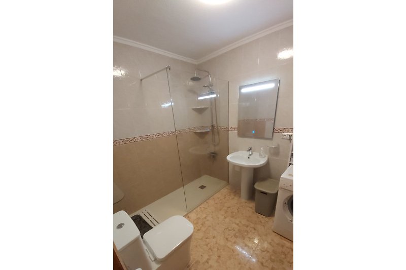 Badkamer beneden met moderne wastafel, douche en spiegel.