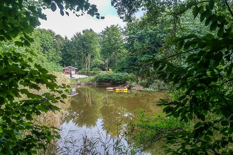 Teich mit Gartenhaus von Westen gesehen