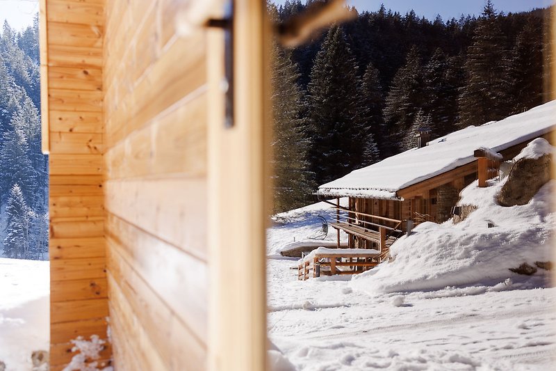 Gemütliche Hütte in verschneiter Berglandschaft mit Tannen und Skipiste. Perfekt für Winterabenteuer!
