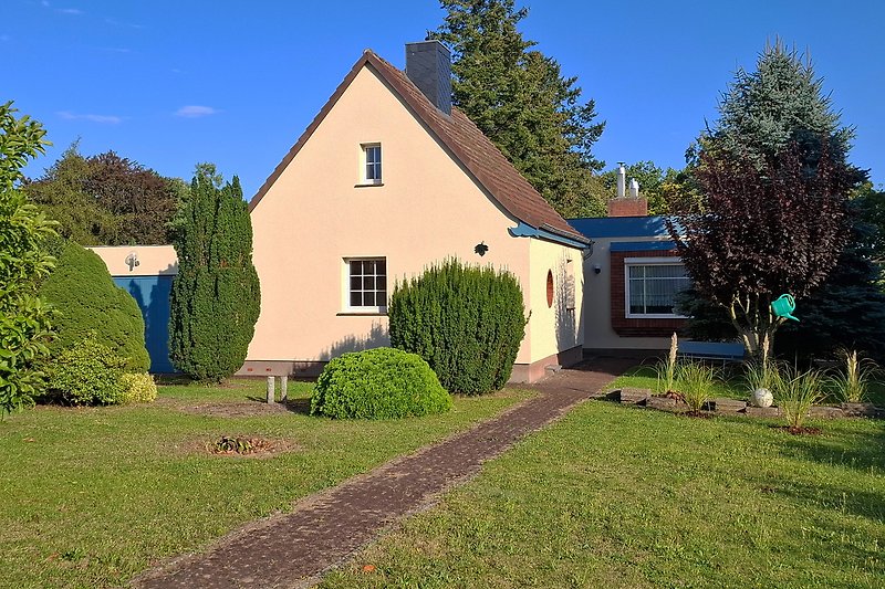 Gepflegter Rasen mit Sträuchern und historischem Haus im Hintergrund.
