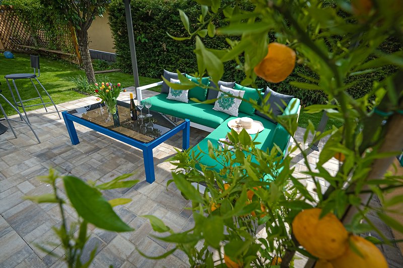 Schöner Garten mit Obstbäumen und grünem Tisch.