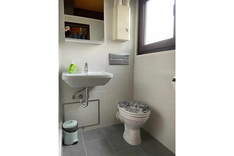 Schwarze Toilette mit lila Toilettensitz und weißem Waschbecken