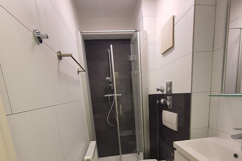Neu gestaltetes modernes Badezimme,  bodentiefe Duschwanne  mit flexibler Glastür + Thermostatarmatur