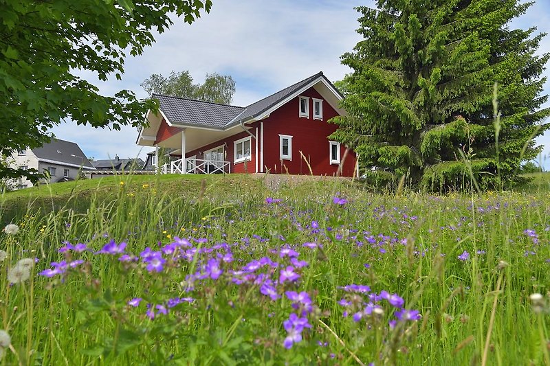 Schönes Landhaus mit blühenden Blumen, grünem Gras und einem Fenster mit Blick auf die Natur.
