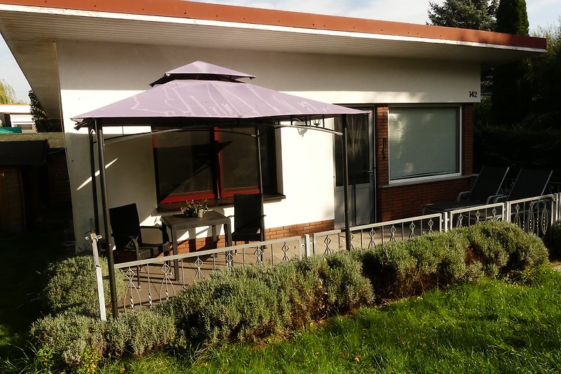 Ferienhaus mit grünem Garten, gemütlicher Terrasse und modernem Design.
