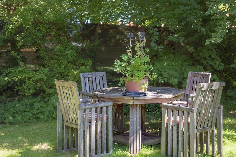 Schöner Außenbereich mit Pflanzen, Tisch und Stühlen.