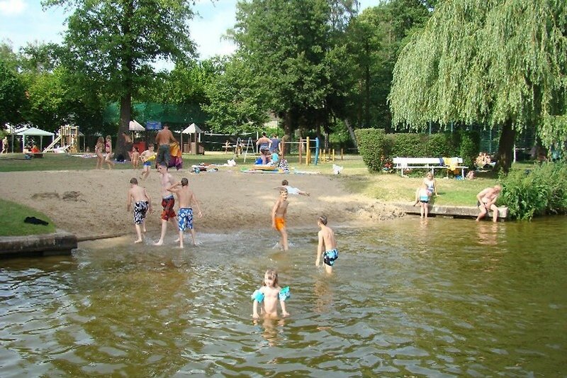 Ein idyllischer Ort am See mit Pflanzen, Bäumen und Wassersportmöglichkeiten. Ein schöner Tag für Kinder im Strandbad.