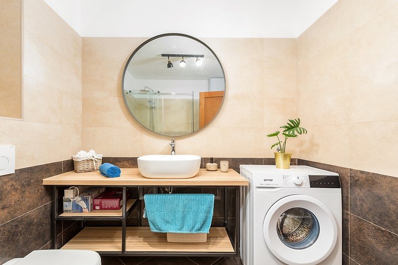 Udobna kupaonica s ogledalom, umivaonikom i perilicom rublja.