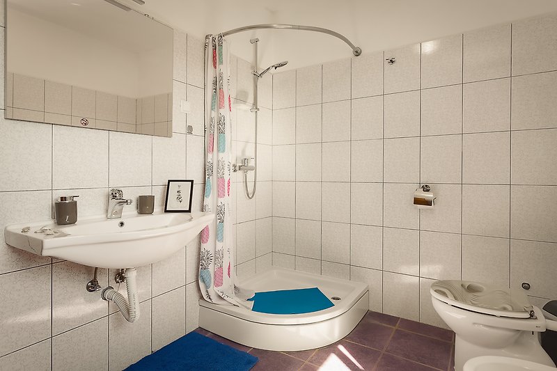 Udobna kupaonica s plavim detaljima i keramičkim umivaonikom.