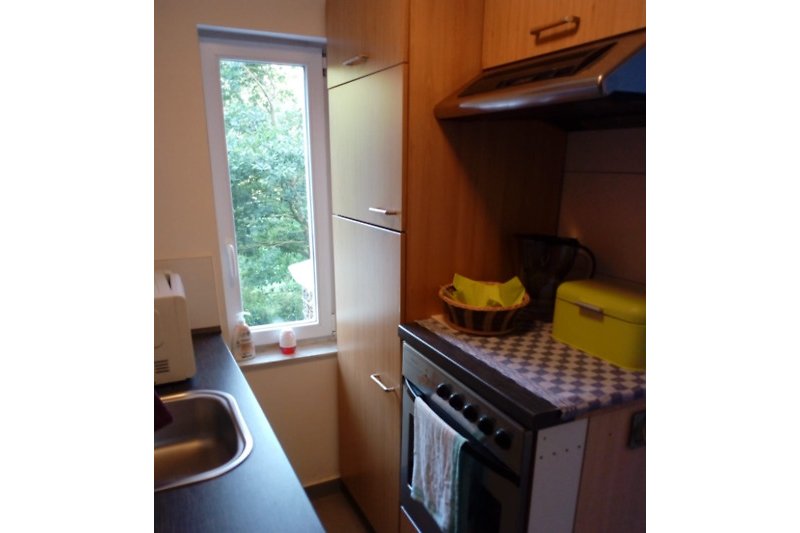 Gemütliche Küche mit Holzschrank, Fenster und Spüle.
