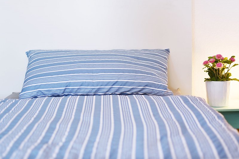 Gemütliches Schlafzimmer mit blauem Bettgestell, gemütlicher Bettwäsche und stilvoller Dekoration.