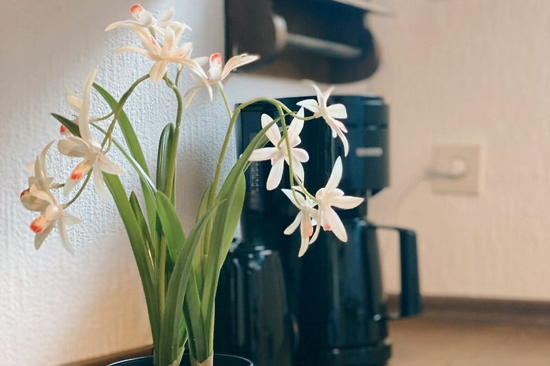 Blumenarrangement mit Orchideen und Lilien in einer Vase auf Holz.