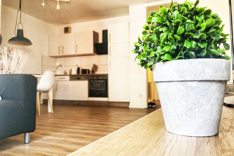 Helle Küche mit grünen Pflanzen und Holzmöbeln.