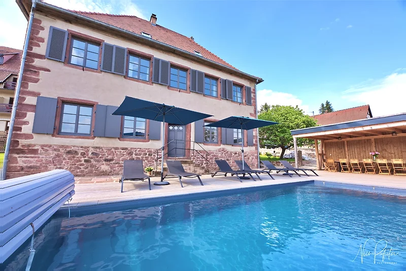 Ferienhaus mit Pool, Blick auf das Wasser und den Himmel, umgeben von Pflanzen und Gartenmöbeln.