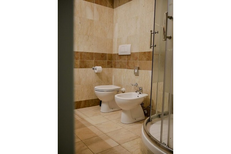 Bathroom with toilet, bidet and a large shower