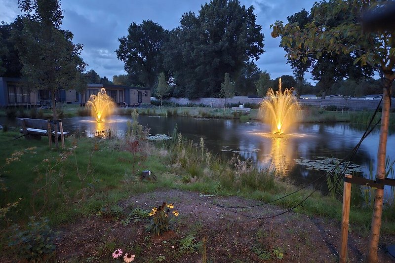 Uitzicht in de avond op de vijver en verlichte fonteinen.