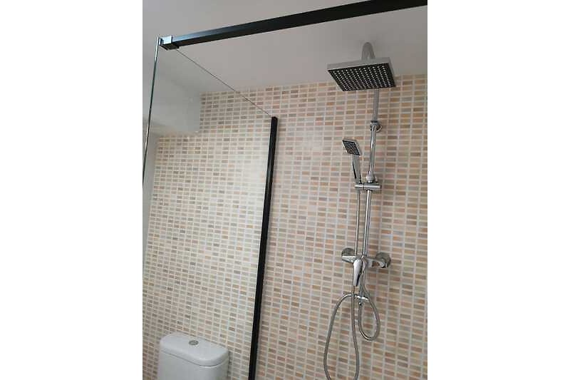 Moderne Badezimmerausstattung mit Dusche, Armaturen und Fliesen.