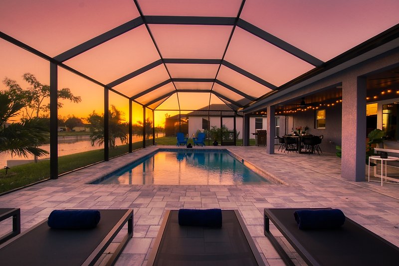 Pool area at sunset